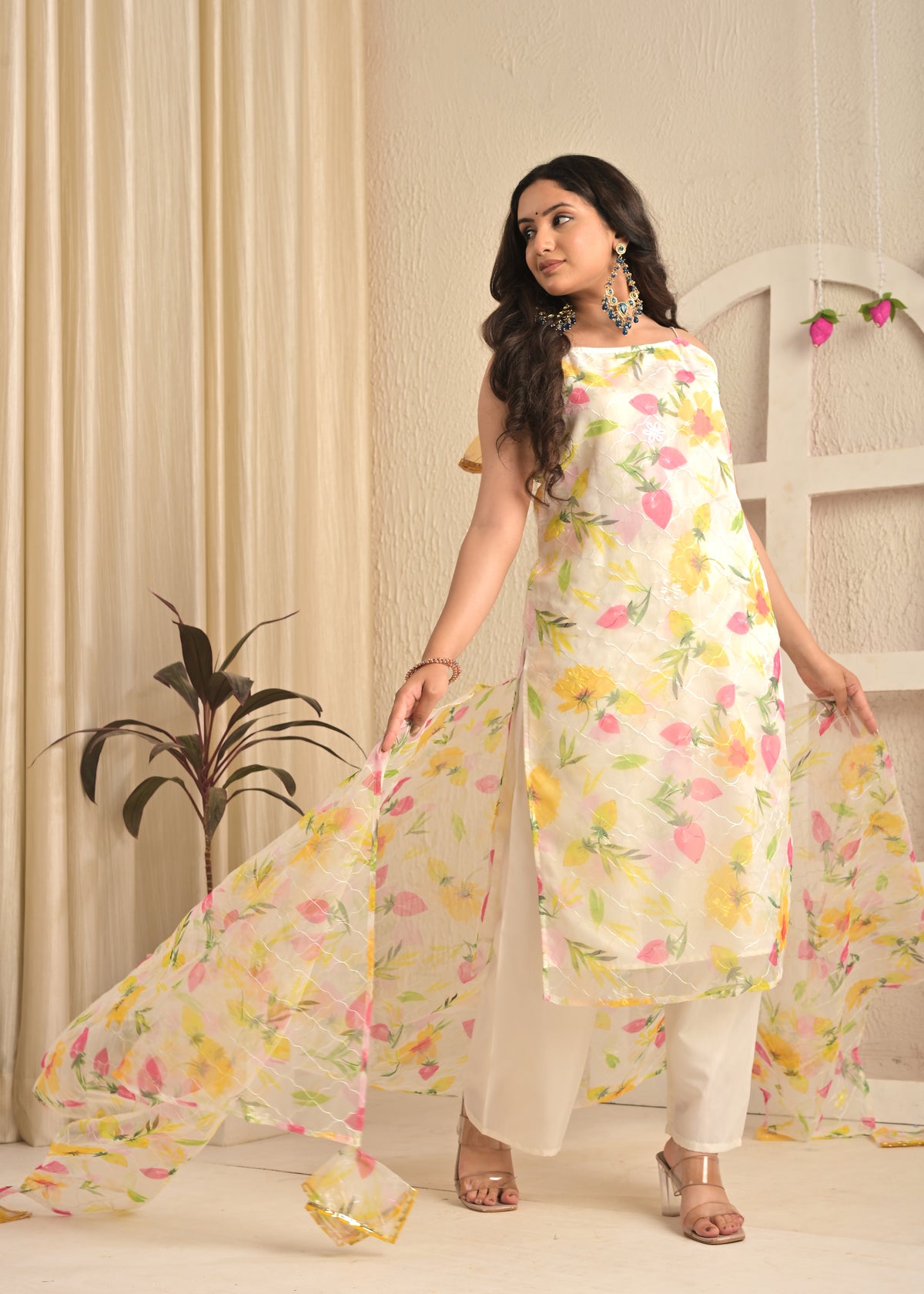 Ivory Organza Floral Magic Kurta Set with Dupatta