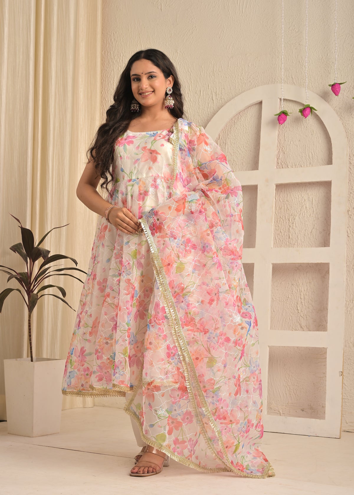 Ivory Blush Organza Aari Embroidered Anarkali Set with Dupatta