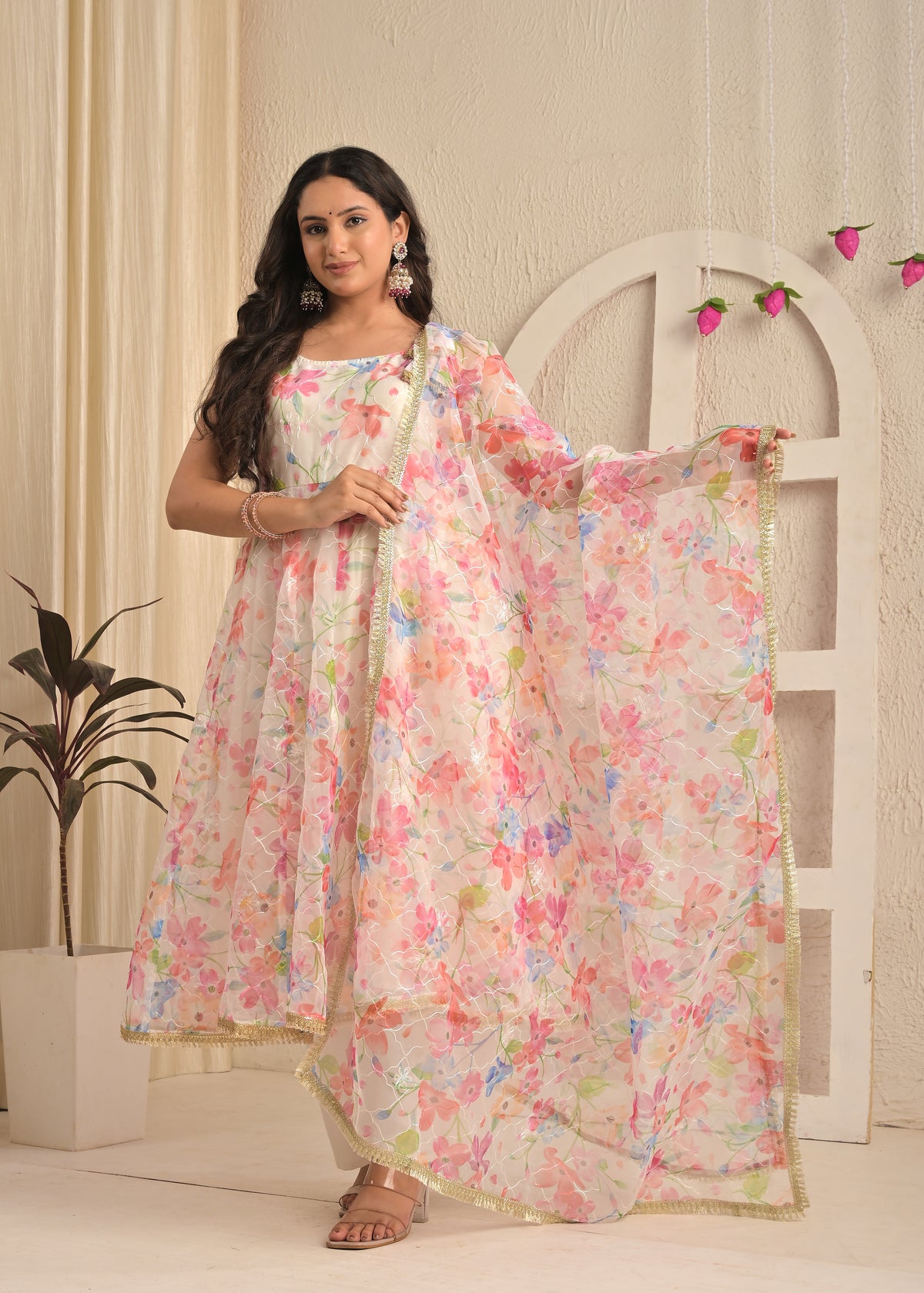 Ivory Blush Organza Aari Embroidered Anarkali Set with Dupatta