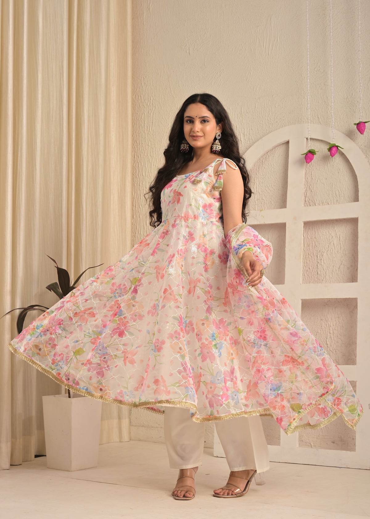 Ivory Blush Organza Aari Embroidered Anarkali Set with Dupatta