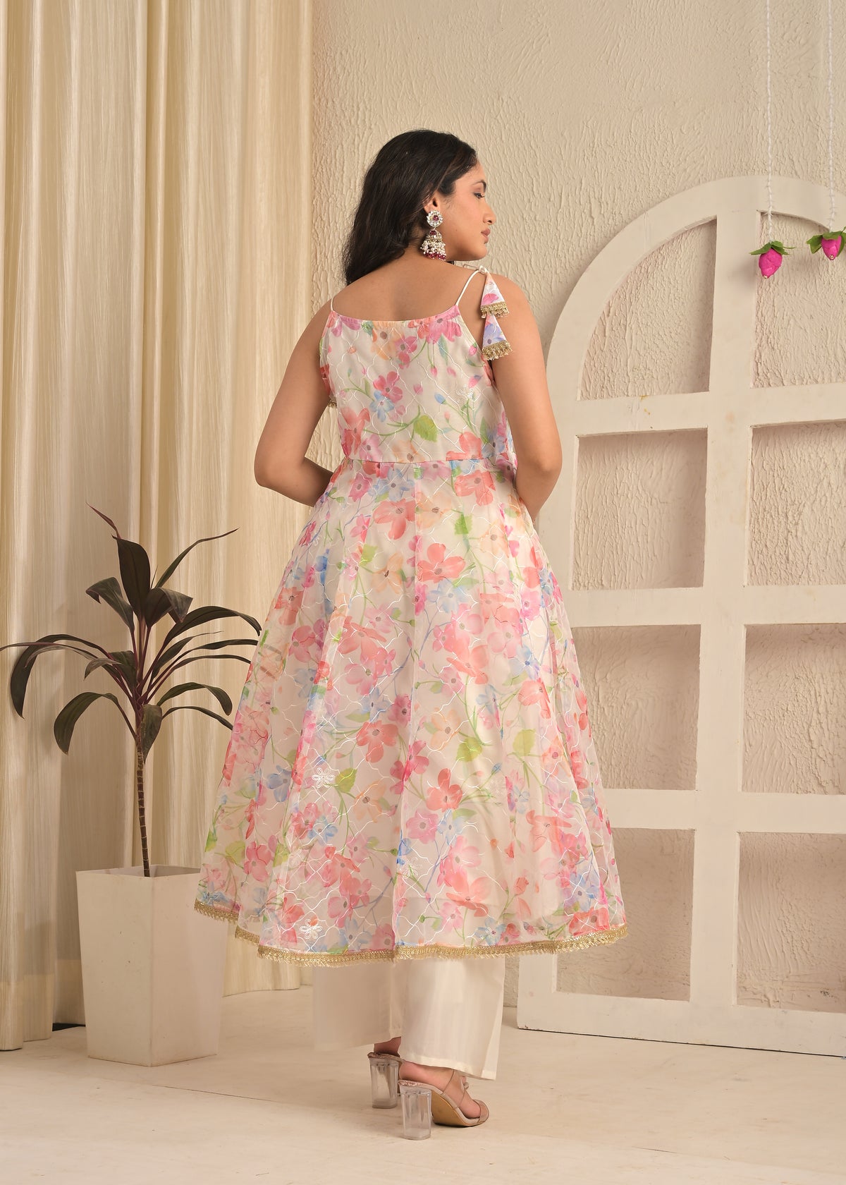 Ivory Blush Organza Aari Embroidered Anarkali Set with Dupatta