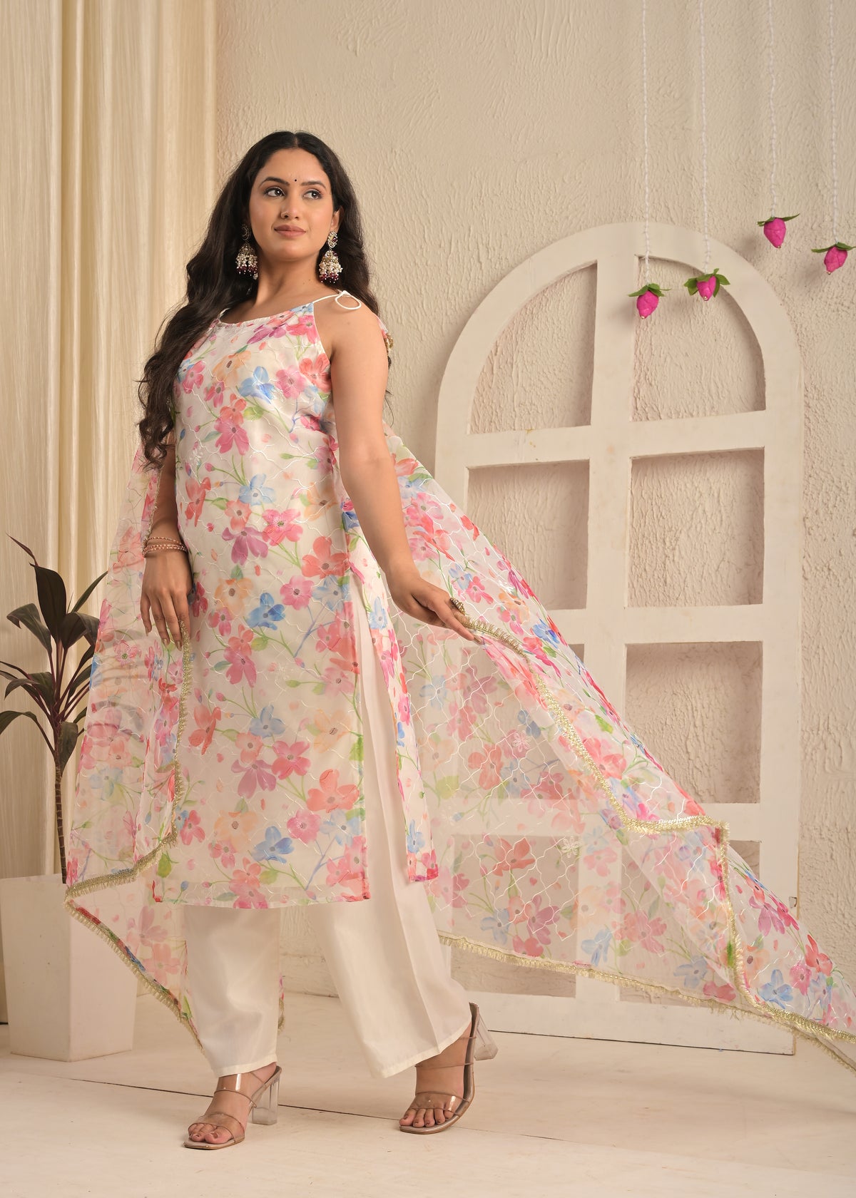 Ivory Meadow Organza Aari Embroidered Kurta Set with Dupatta