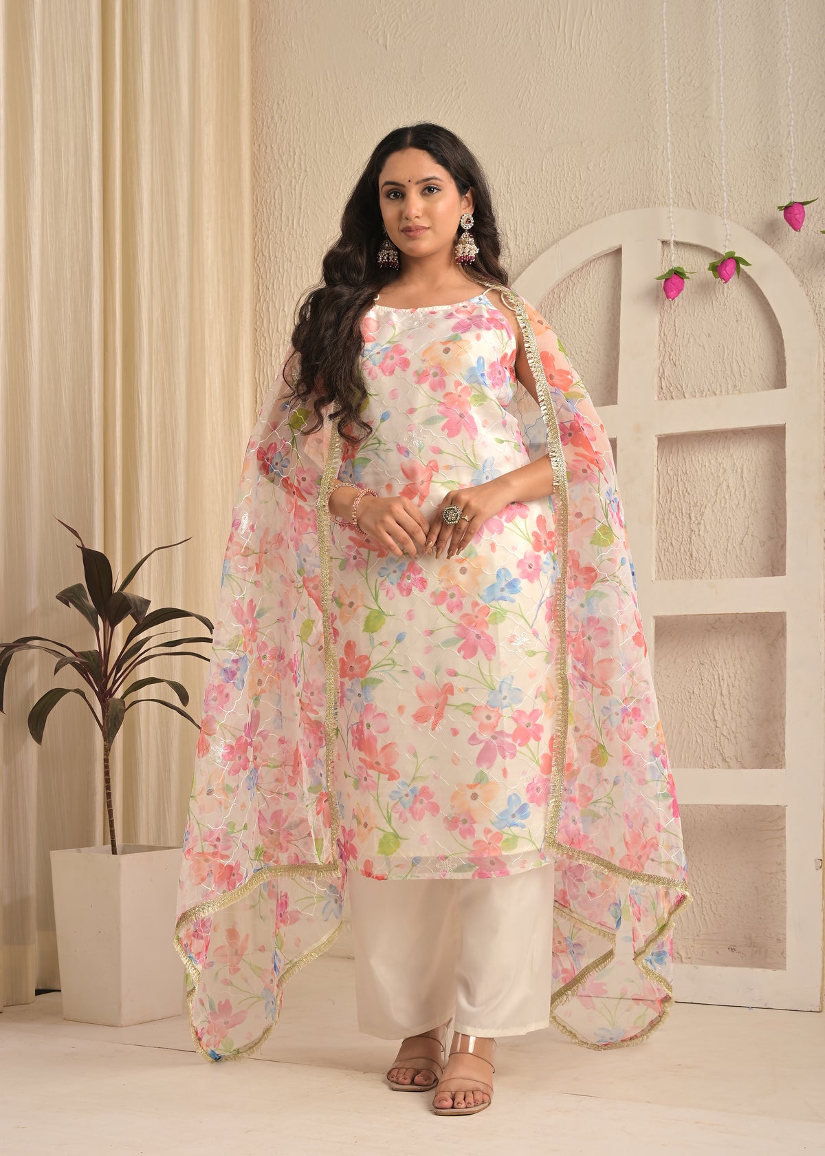 Ivory Meadow Organza Aari Embroidered Kurta Set with Dupatta