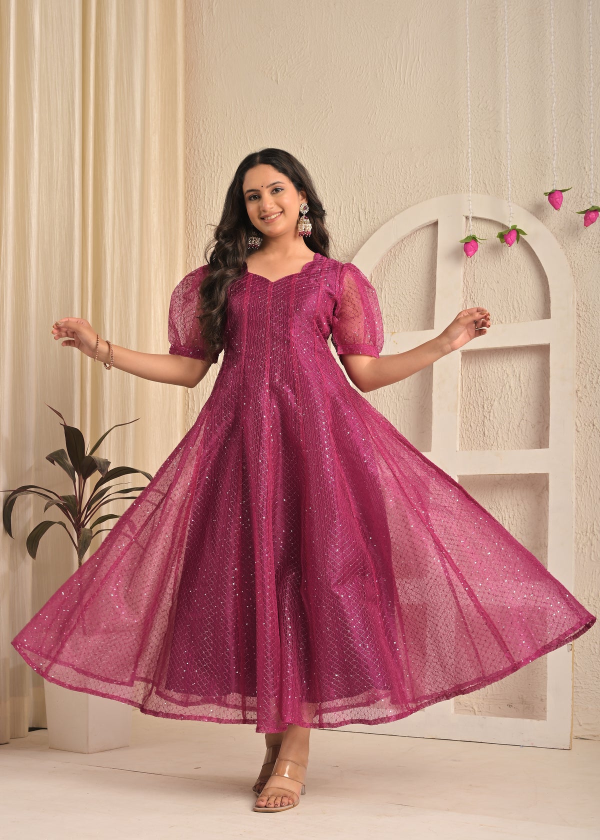 Magenta Shine Organza Sequin Embroidered Gown with Dupatta