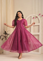 Magenta Shine Organza Sequin Embroidered Gown with Dupatta