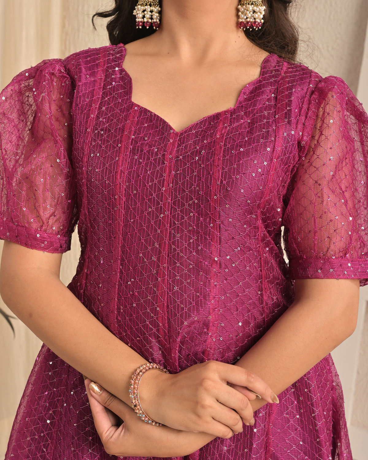 Magenta Shine Organza Sequin Embroidered Gown with Dupatta