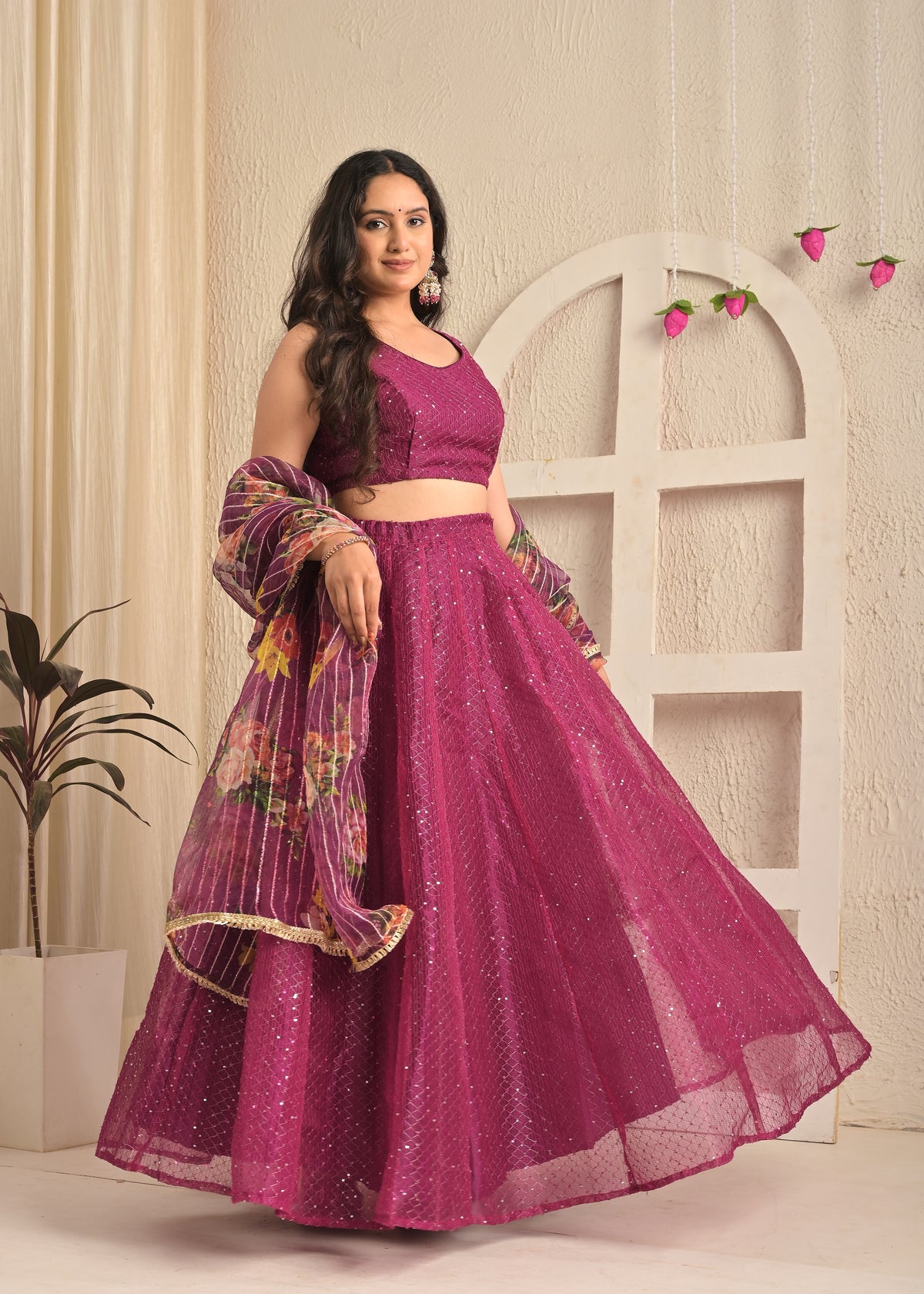 Viscose Organza Sequin Embroidered Lehenga Set with Floral Dupatta