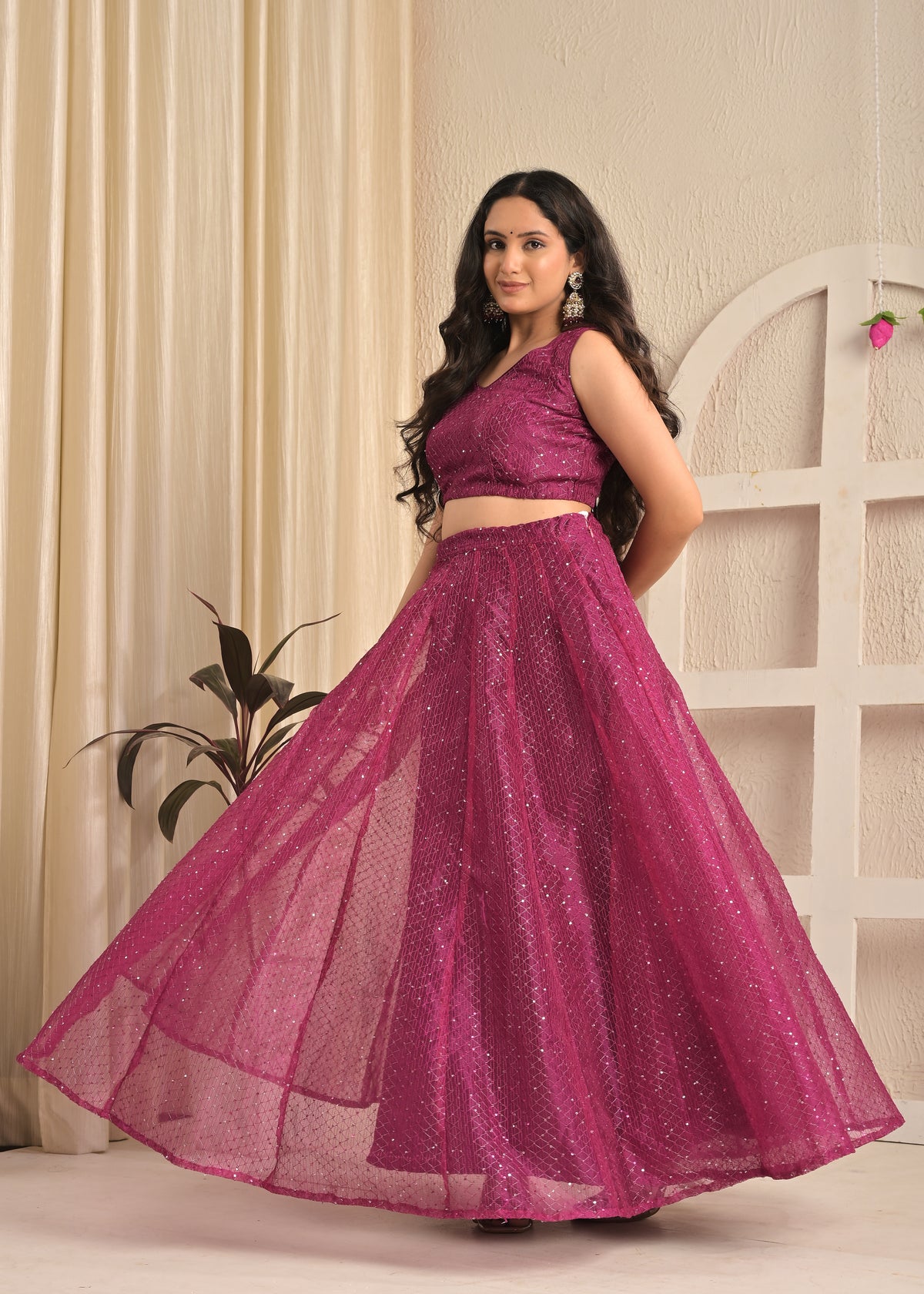 Viscose Organza Sequin Embroidered Lehenga Set with Floral Dupatta
