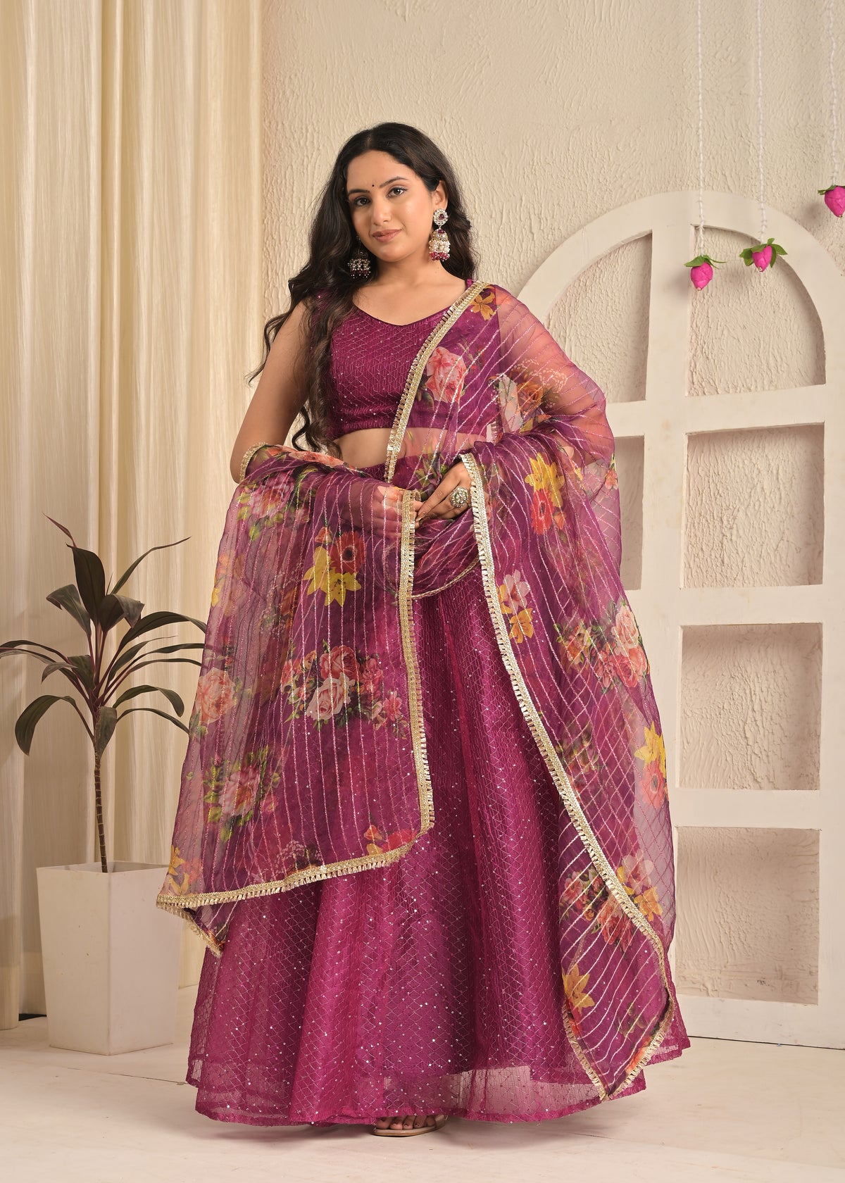 Viscose Organza Sequin Embroidered Lehenga Set with Floral Dupatta