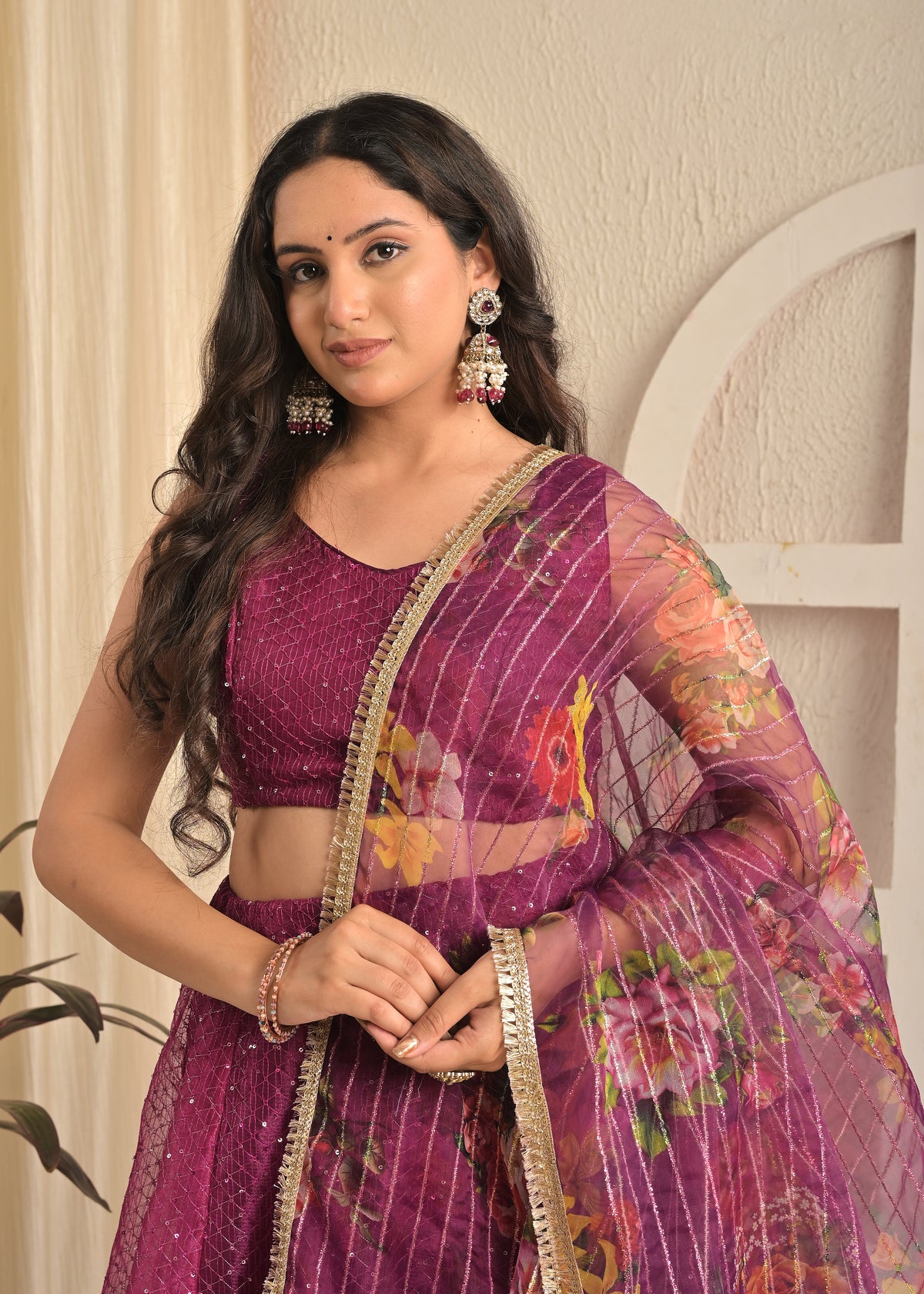 Viscose Organza Sequin Embroidered Lehenga Set with Floral Dupatta