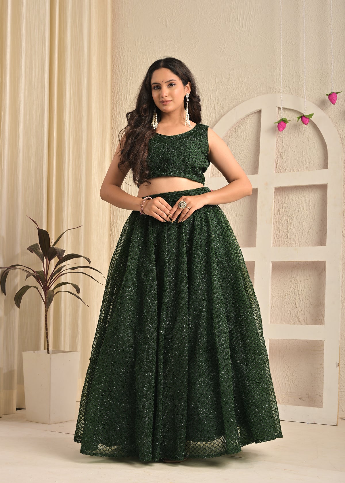 Emerald Bloom Net Feather Embroidered Lehenga Set with Dupatta