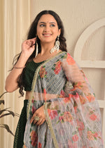 Emerald Bloom Net Feather Embroidered Lehenga Set with Dupatta