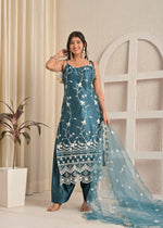 Aqua Bloom Satin Heavy Embroidered Kurta Set with Farsi Salwar and Dupatta