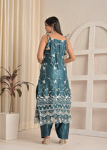 Aqua Bloom Satin Heavy Embroidered Kurta Set with Farsi Salwar and Dupatta