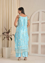 Ice Blue Bloom Satin Heavy Embroidered Kurta Pant Set with Dupatta