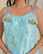 Ice Blue Bloom Satin Heavy Embroidered Kurta Pant Set with Dupatta
