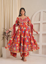 Red Blossom Cotton Printed Anarkali Set with Dupatta