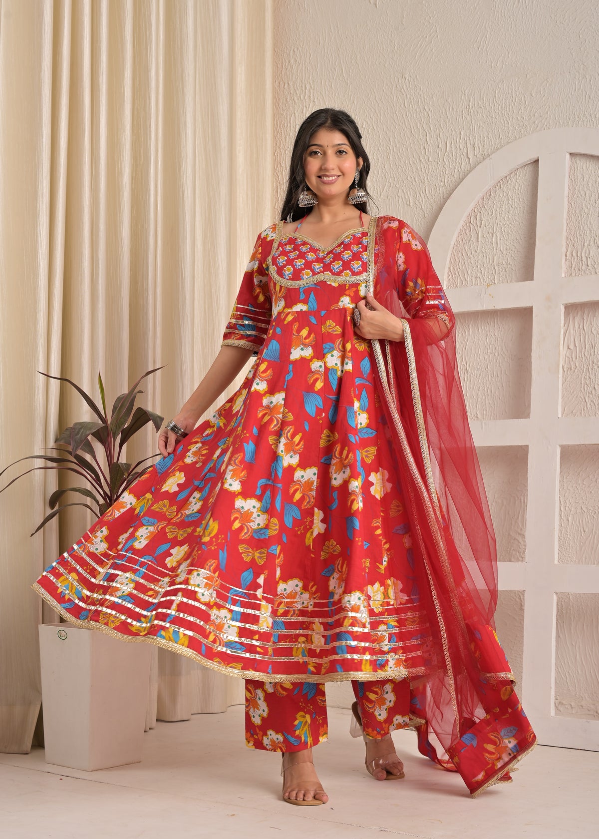 Red Blossom Cotton Printed Anarkali Set with Dupatta