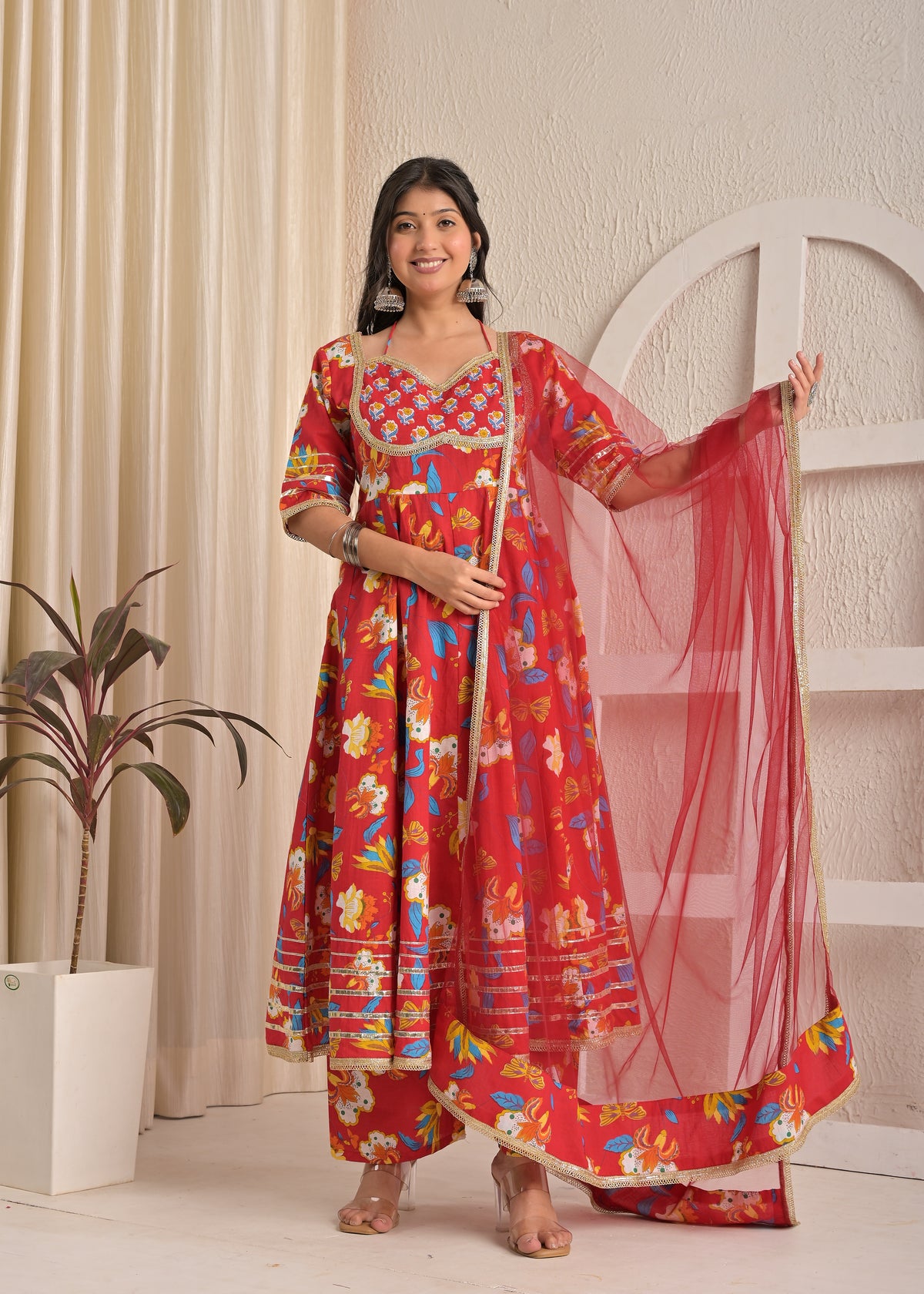 Red Blossom Cotton Printed Anarkali Set with Dupatta