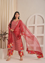 Red Floral Cotton Printed Kurta Set with Net Dupatta