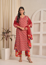 Red Floral Cotton Printed Kurta Set with Net Dupatta
