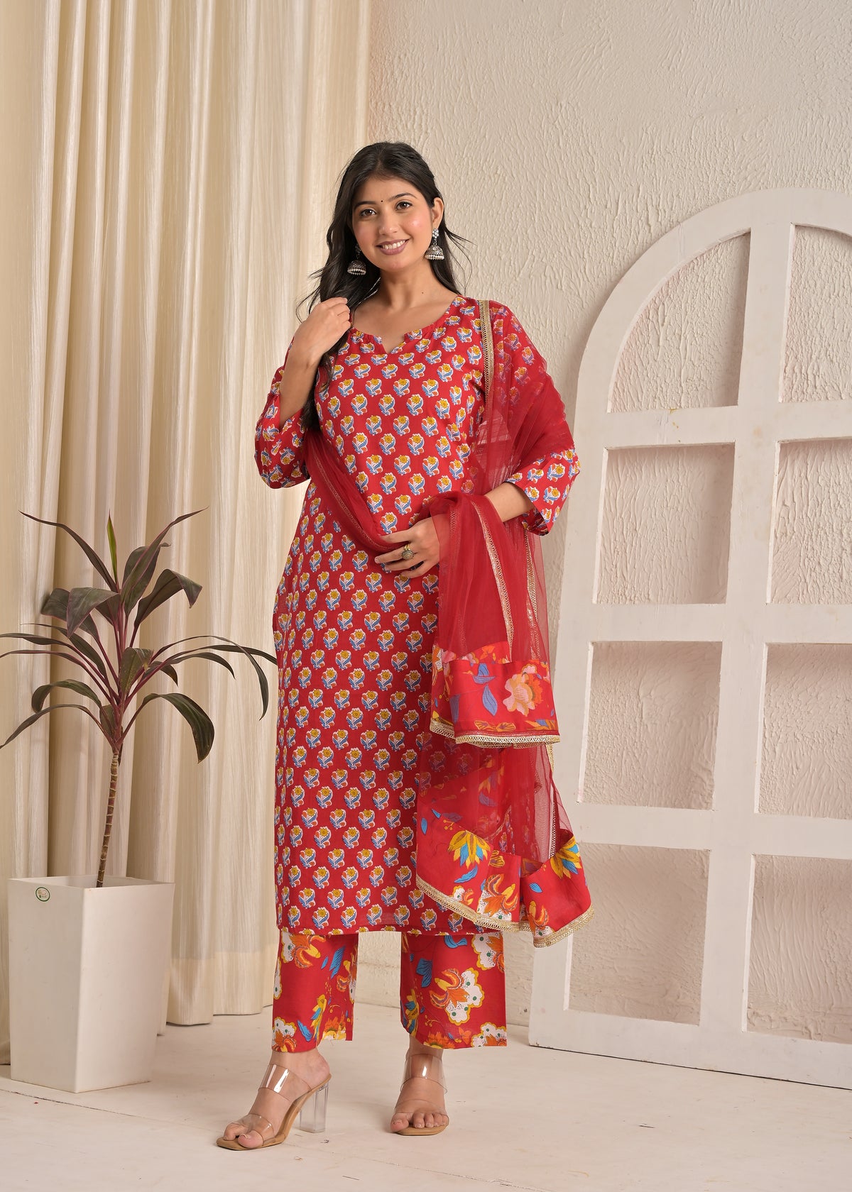 Red Floral Cotton Printed Kurta Set with Net Dupatta