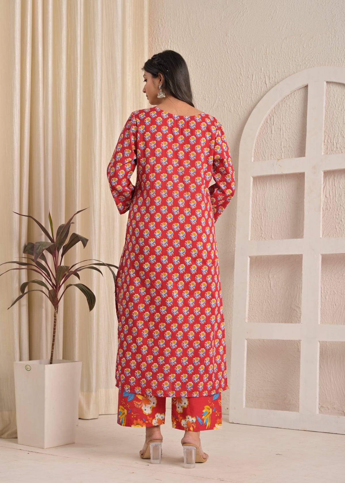 Red Floral Cotton Printed Kurta Set with Net Dupatta