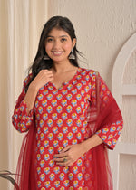 Red Floral Cotton Printed Kurta Set with Net Dupatta