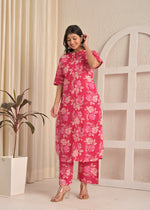 Pink Blossom Floral Printed Cotton Straight Kurta & Pant Set