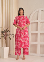 Pink Blossom Floral Printed Cotton Straight Kurta & Pant Set