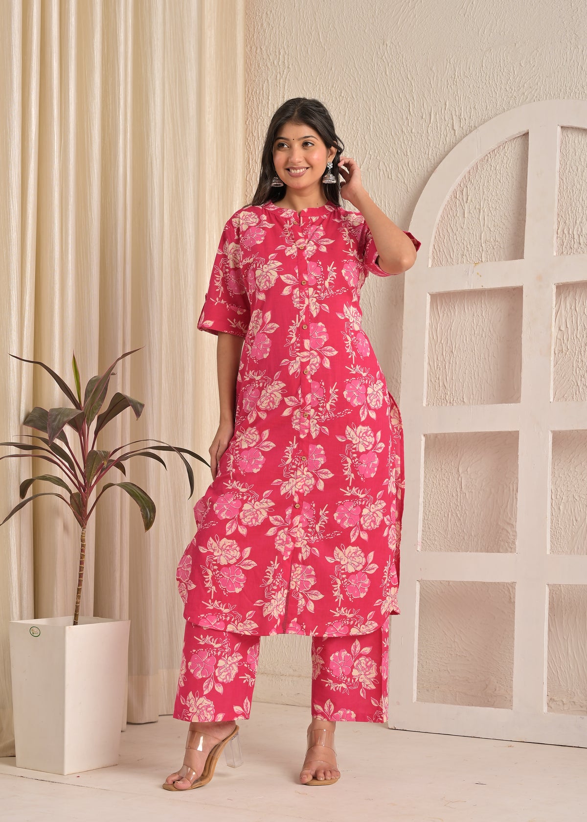 Pink Blossom Floral Printed Cotton Straight Kurta & Pant Set