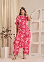 Pink Blossom Floral Printed Cotton Straight Kurta & Pant Set