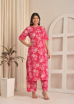 Pink Blossom Floral Printed Cotton Straight Kurta & Pant Set