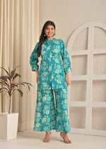 Teal Green Floral Printed A-Line Kurta & Wide-Leg Pant Co-Ord Set