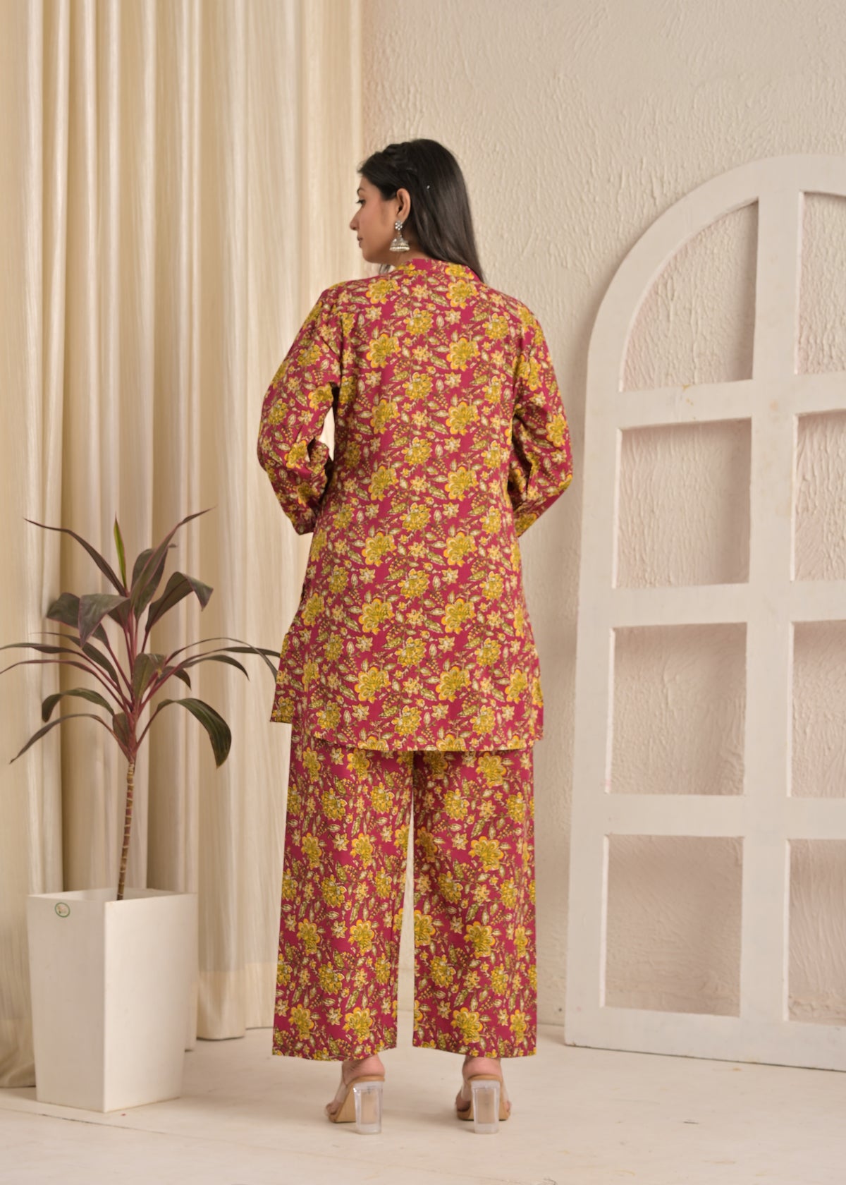 Maroon & Mustard Floral Printed Kurta Pant Co-Ord Set