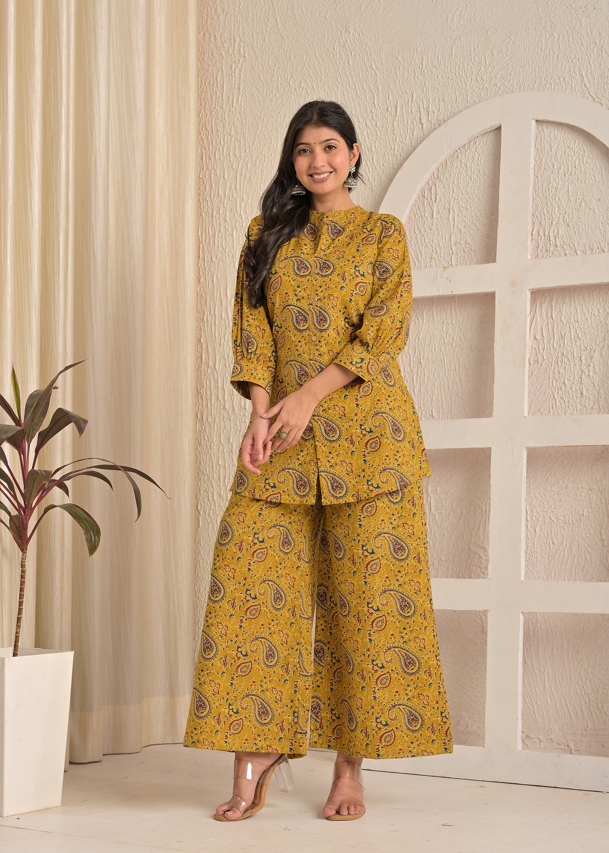 Mustard Paisley Printed Kurta & Wide-Leg Pant Co-Ord Set
