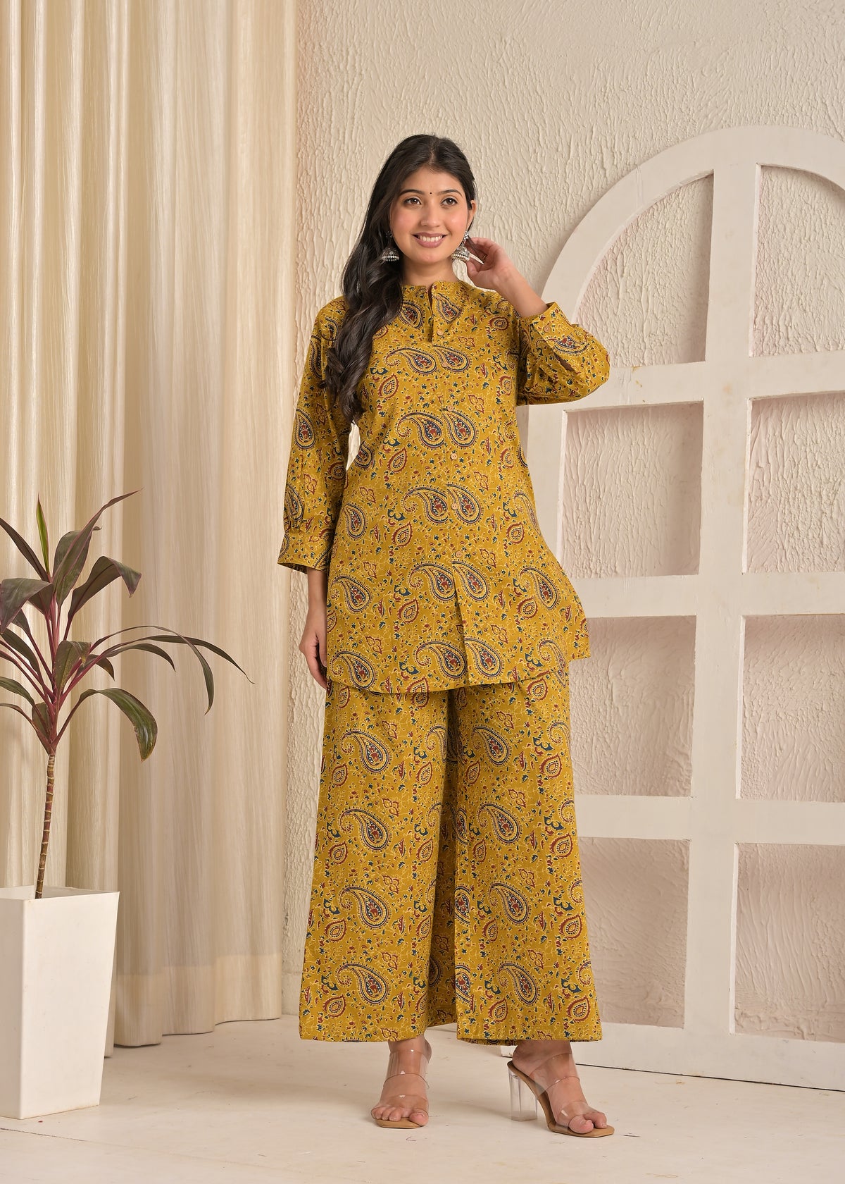 Mustard Paisley Printed Kurta & Wide-Leg Pant Co-Ord Set