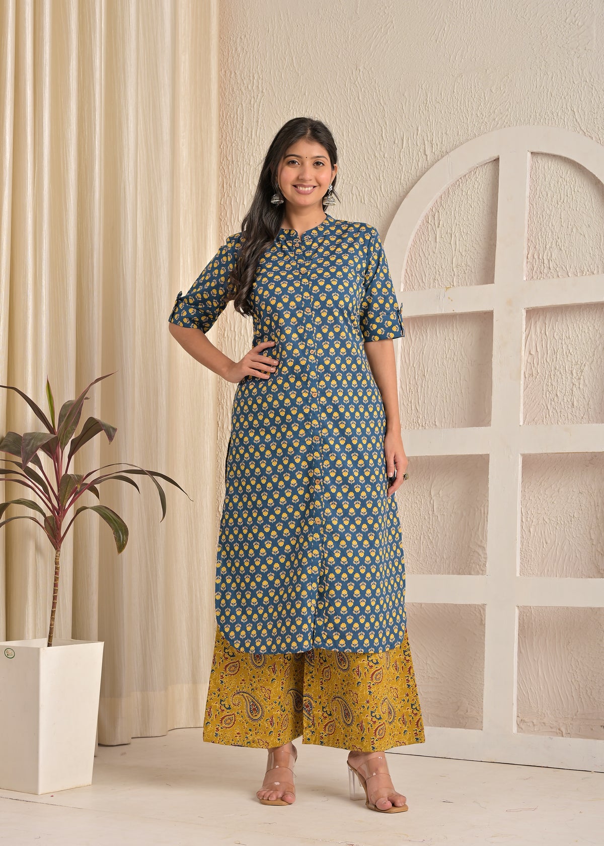 Indigo Cotton Batik Print Long Kurta & Mustard Paisley Palazzo Set