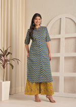 Indigo Cotton Batik Print Long Kurta & Mustard Paisley Palazzo Set