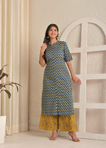 Indigo Cotton Batik Print Long Kurta & Mustard Paisley Palazzo Set