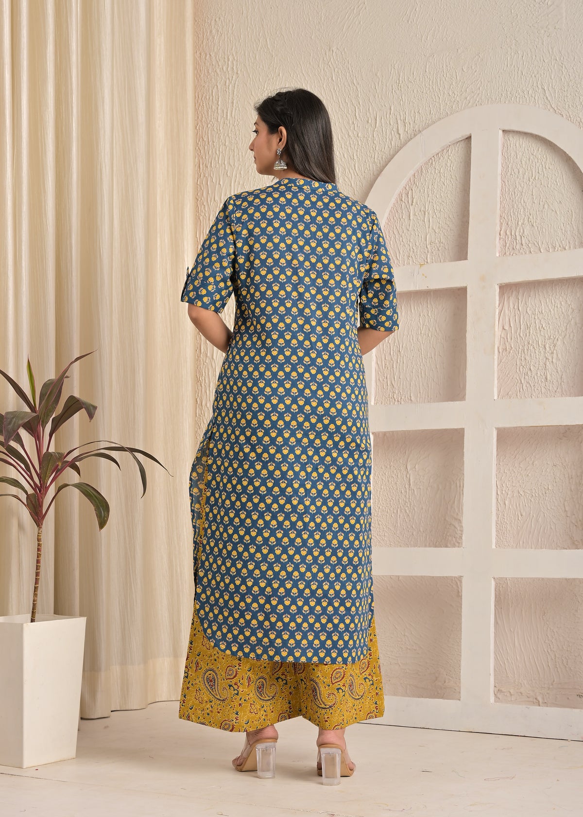 Indigo Cotton Batik Print Long Kurta & Mustard Paisley Palazzo Set