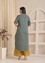 Indigo Cotton Batik Print Long Kurta & Mustard Paisley Palazzo Set