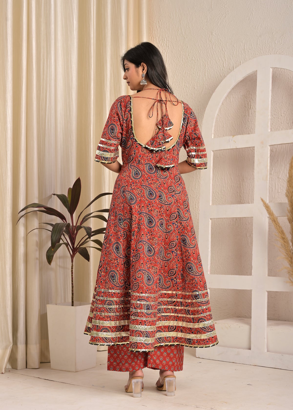 Maroon Paisley Print Cotton Anarkali Kurta Set with Elegant Black Net Dupatta