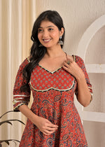 Maroon Paisley Print Cotton Anarkali Kurta Set with Elegant Black Net Dupatta