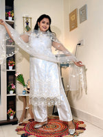 White Bloom Satin Heavy Embroidered Kurta Pant Set with Dupatta