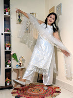 White Bloom Satin Heavy Embroidered Kurta Pant Set with Dupatta
