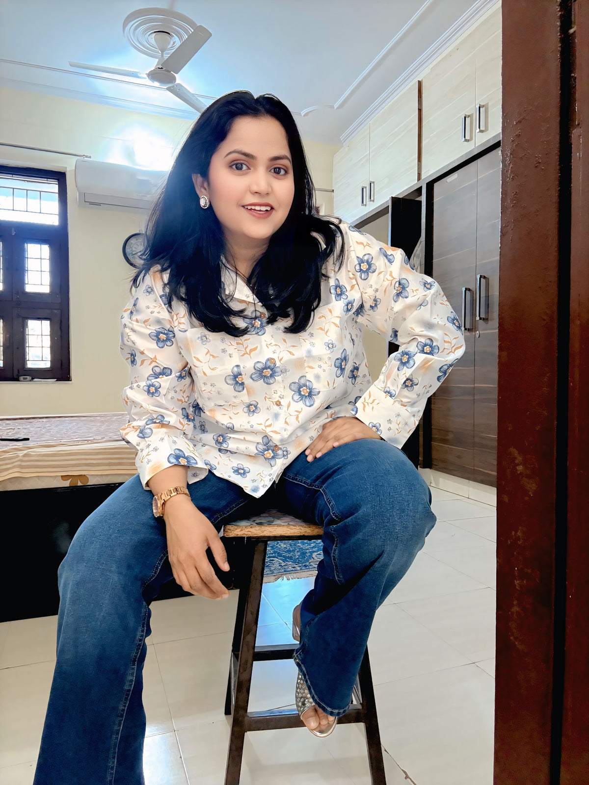 Ivory Blue Blossom Cotton Floral Oversized Shirt