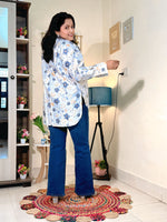 Ivory Blue Blossom Cotton Floral Oversized Shirt