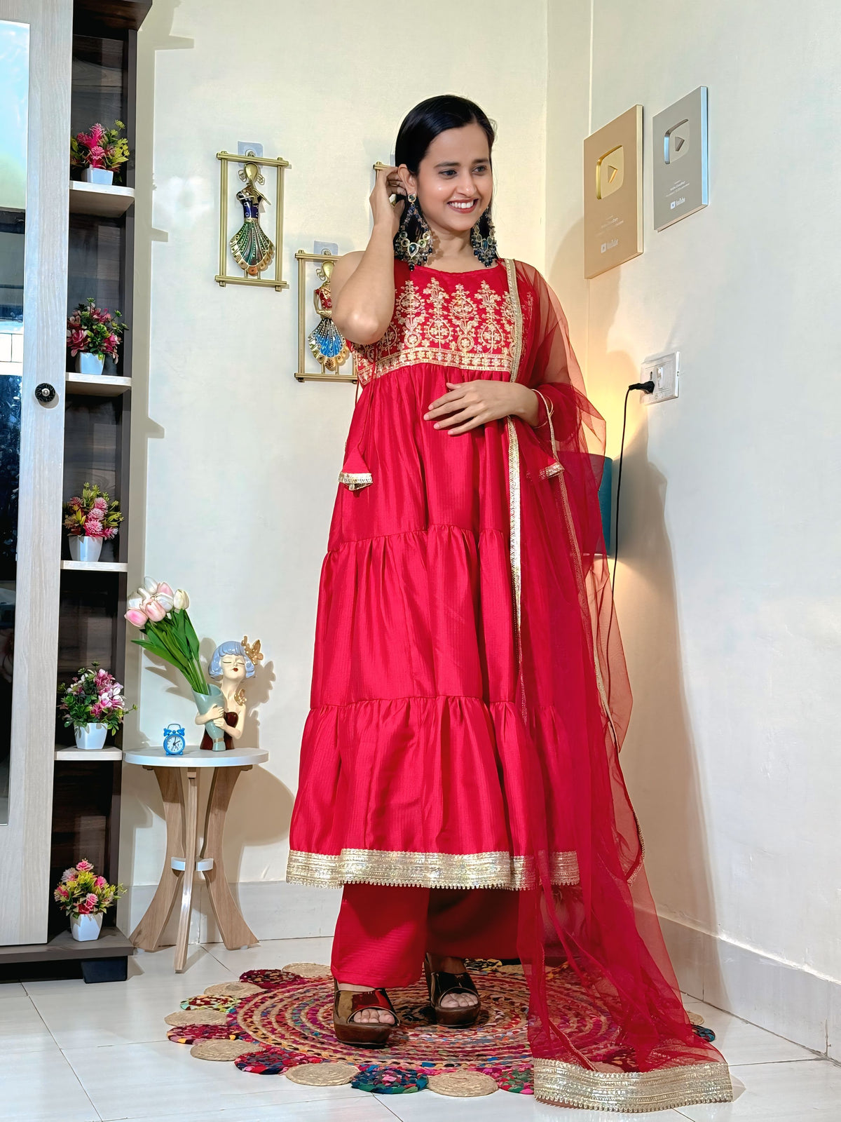 Crimson Red Barlin Heavy Coding Embroidered Kurta Pant Set with Dupatta