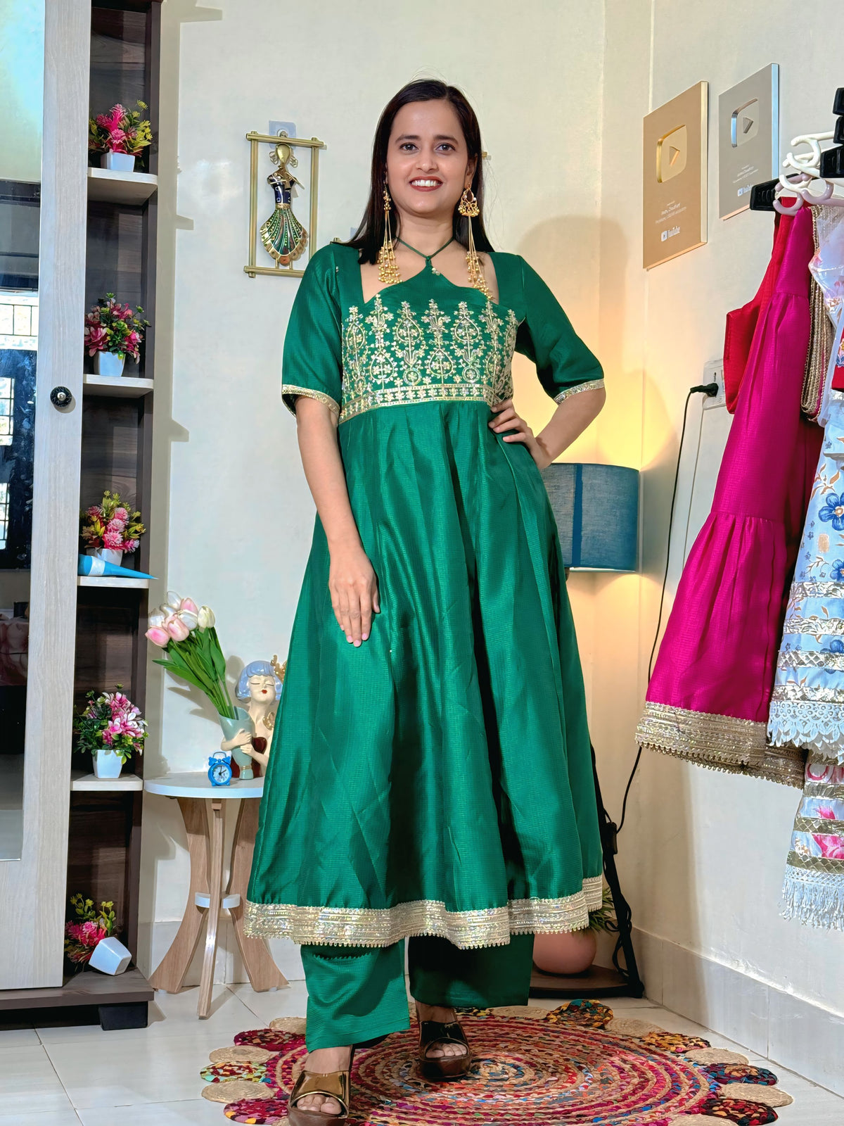 Emerald Green Barlin Heavy Coding Embroidered Kurta Pant Set with Dupatta